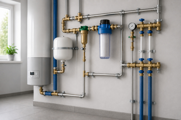 Rohrsystem mit großem Trinkwasserkessel und Filtern an einer Wand